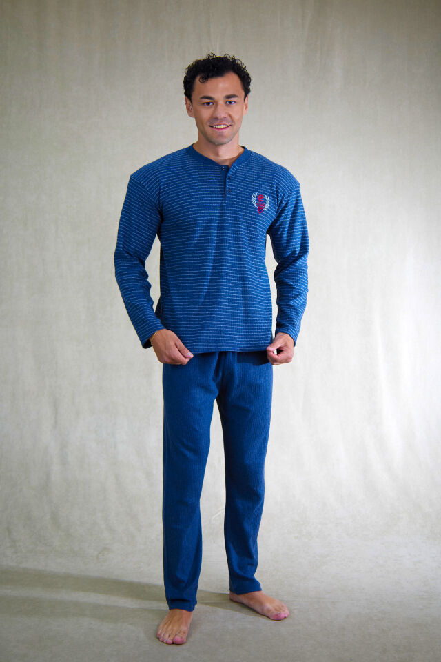 Estiva Erkek Çizgili Patlı İnterlok Şardonlu Pijama Takımı M - İNDİGO