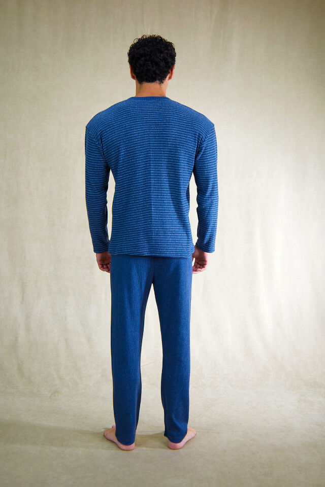 Estiva Erkek Çizgili Patlı İnterlok Şardonlu Pijama Takımı M - İNDİGO