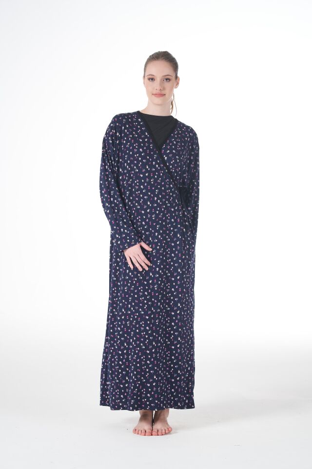 Kadın Desenli Uzun Kollu Bağcıklı Lycra Viskon Namaz Elbisesi