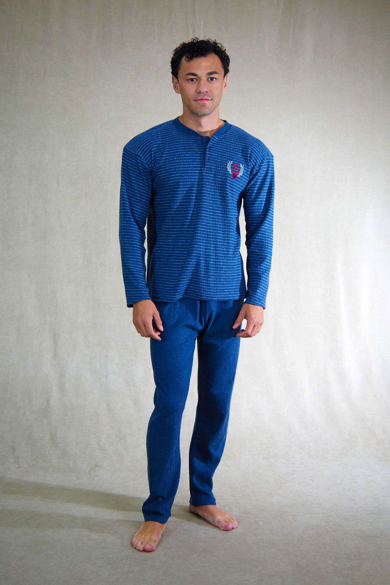 Estiva Erkek Çizgili Patlı İnterlok Şardonlu Pijama Takımı L - İNDİGO