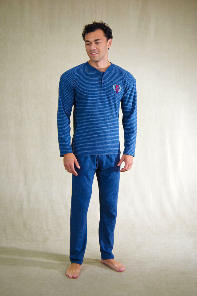 Estiva Erkek Çizgili Patlı İnterlok Şardonlu Pijama Takımı L - İNDİGO