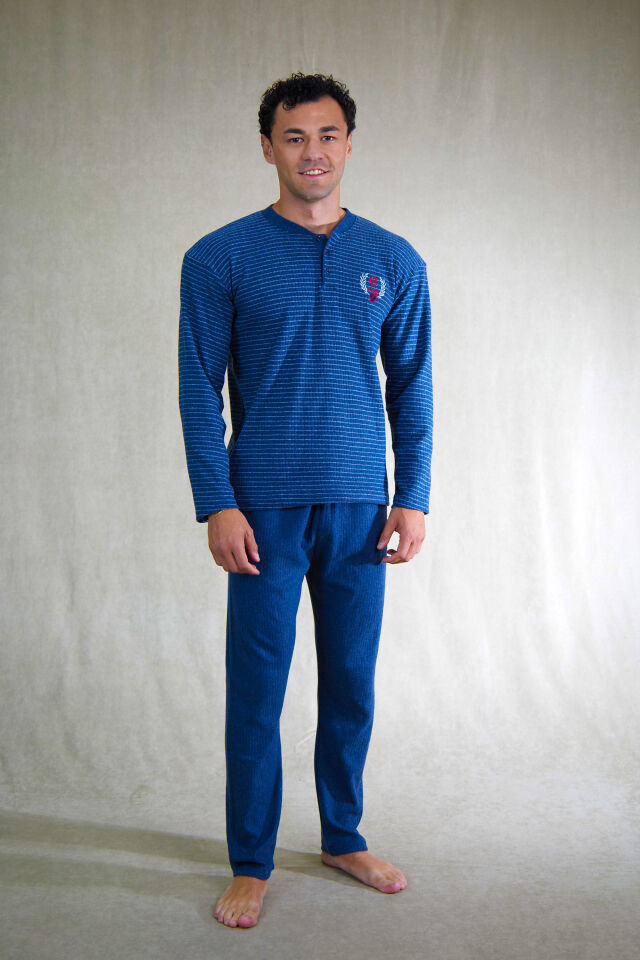 Estiva Erkek Çizgili Patlı İnterlok Şardonlu Pijama Takımı L - İNDİGO
