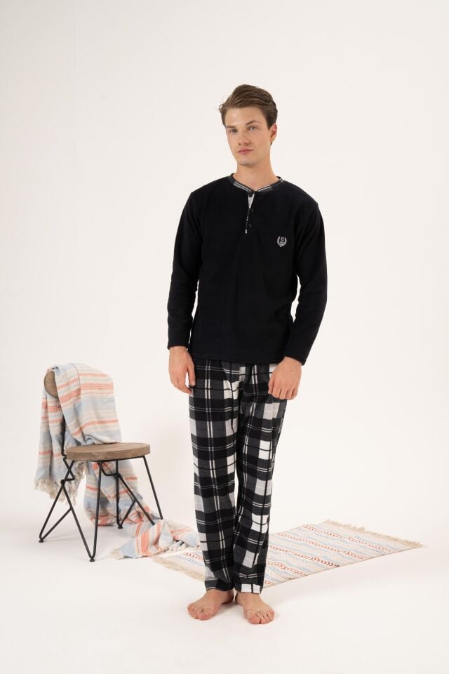 Erkek Kışlık Düğmeli Yaka Kareli Alt Polar Pijama Takımı M - Siyah