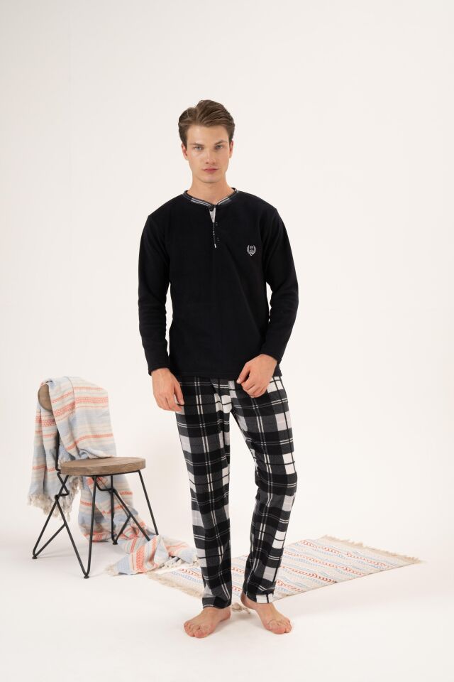 Erkek Kışlık Düğmeli Yaka Kareli Alt Polar Pijama Takımı M - Siyah