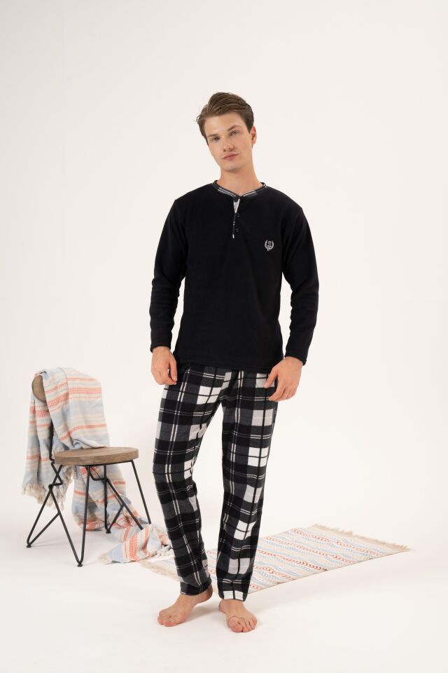 Erkek Kışlık Düğmeli Yaka Kareli Alt Polar Pijama Takımı M - Siyah