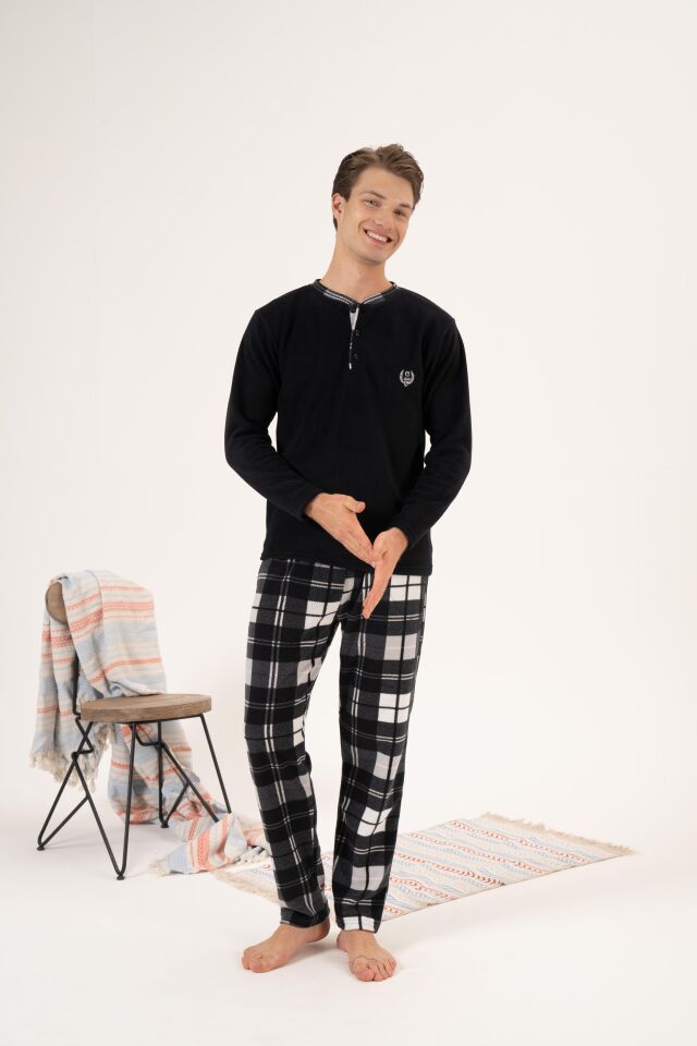 Erkek Kışlık Düğmeli Yaka Kareli Alt Polar Pijama Takımı L - Siyah