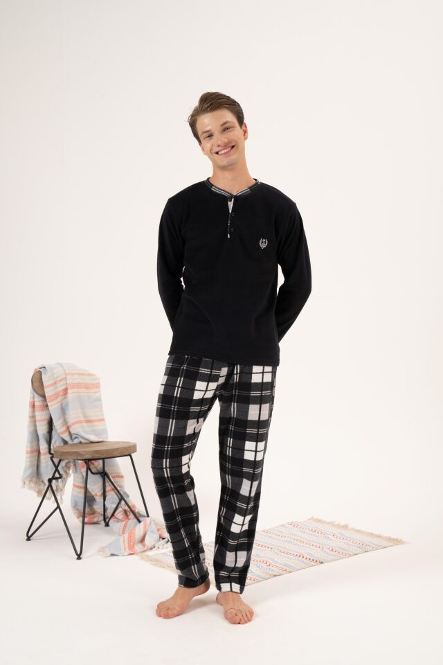 Erkek Kışlık Düğmeli Yaka Kareli Alt Polar Pijama Takımı L - Siyah