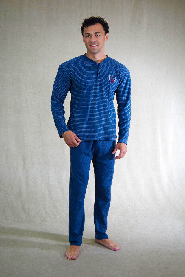 Estiva Erkek Çizgili Patlı İnterlok Şardonlu Pijama Takımı 2XL - İNDİGO