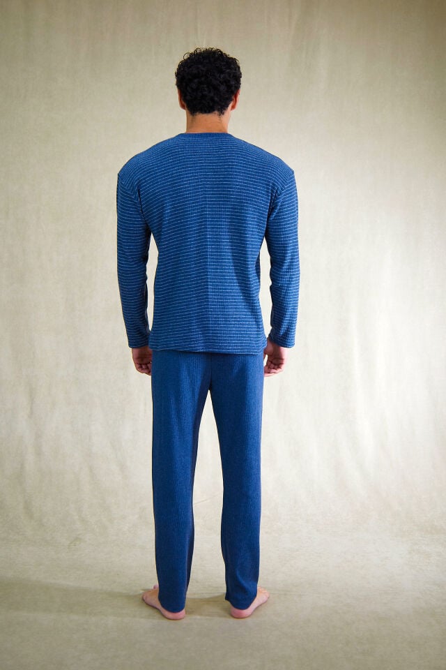 Estiva Erkek Çizgili Patlı İnterlok Şardonlu Pijama Takımı 2XL - İNDİGO