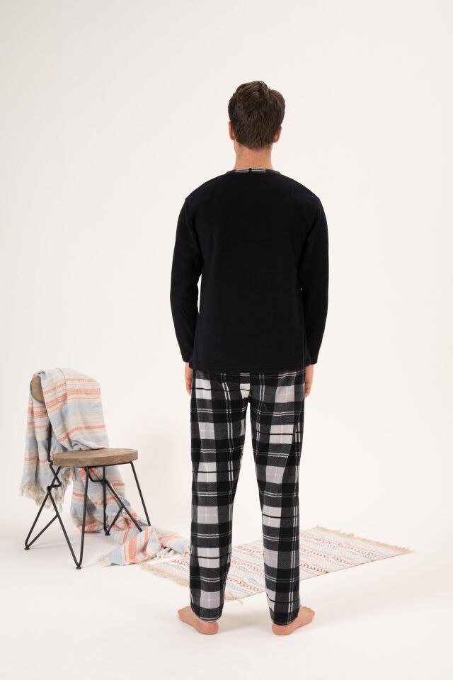 Erkek Kışlık Düğmeli Yaka Kareli Alt Polar Pijama Takımı 2XL - Siyah