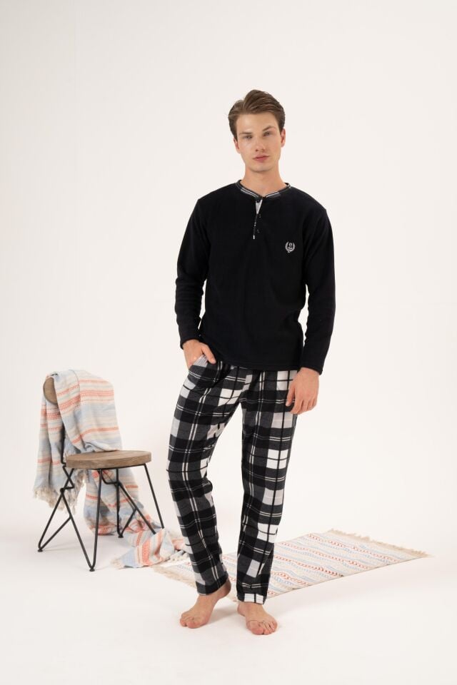 Erkek Kışlık Düğmeli Yaka Kareli Alt Polar Pijama Takımı 2XL - Siyah