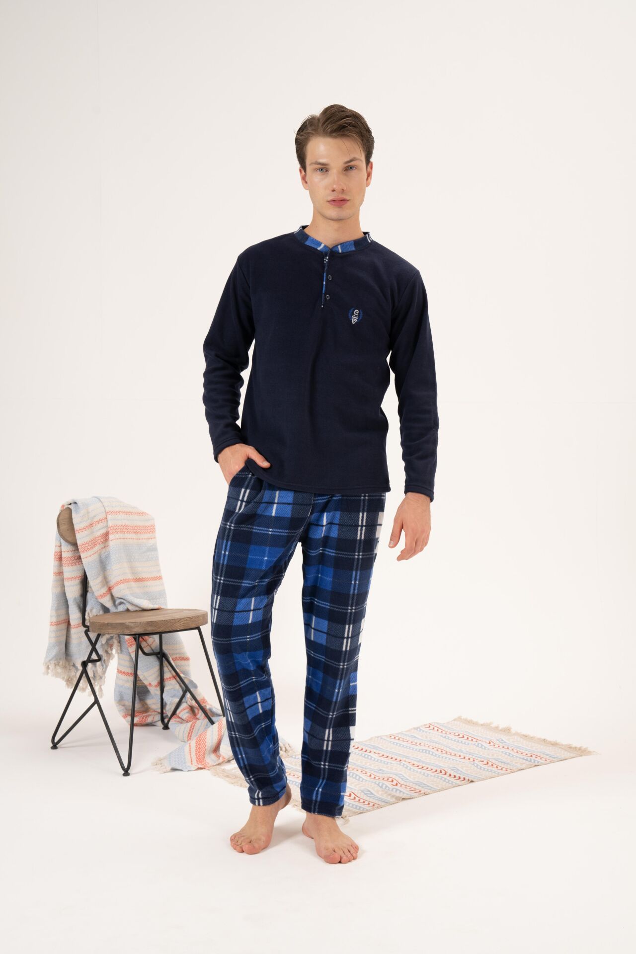 Erkek Kışlık Düğmeli Yaka Kareli Alt Polar Pijama Takımı M - Lacivert