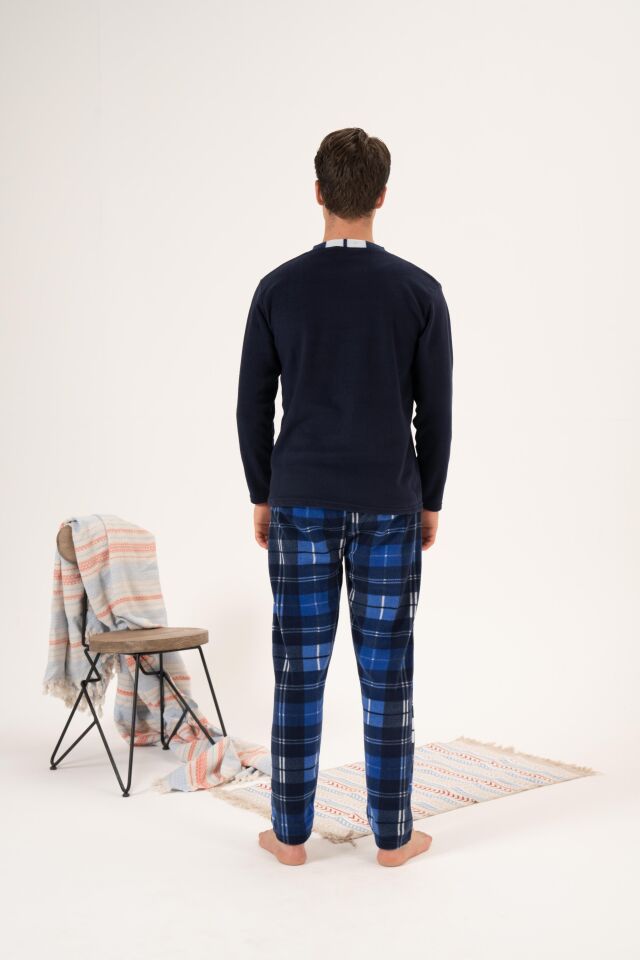 Erkek Kışlık Düğmeli Yaka Kareli Alt Polar Pijama Takımı M - Lacivert