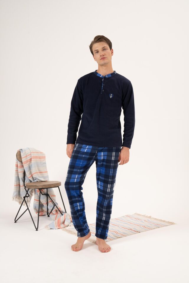 Erkek Kışlık Düğmeli Yaka Kareli Alt Polar Pijama Takımı M - Lacivert