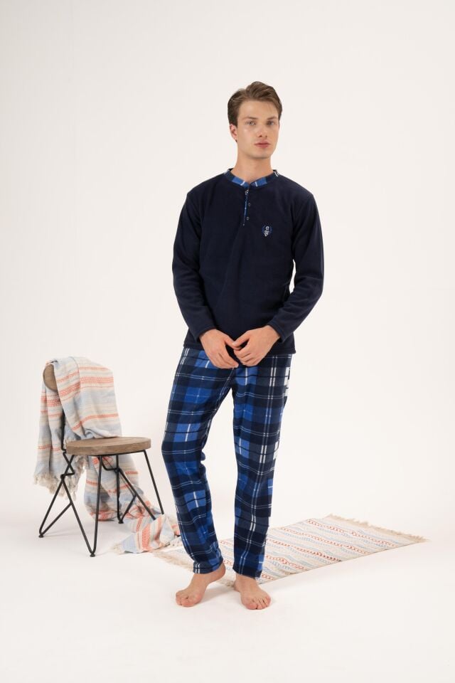 Erkek Kışlık Düğmeli Yaka Kareli Alt Polar Pijama Takımı M - Lacivert