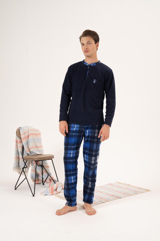 Erkek Kışlık Düğmeli Yaka Kareli Alt Polar Pijama Takımı M - Lacivert