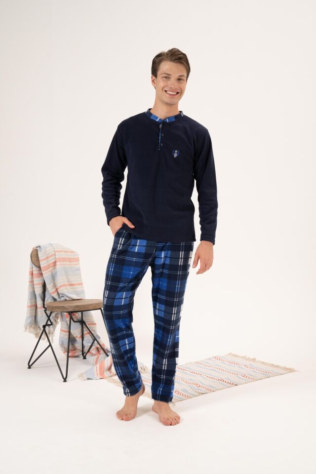 Erkek Kışlık Düğmeli Yaka Kareli Alt Polar Pijama Takımı M - Lacivert