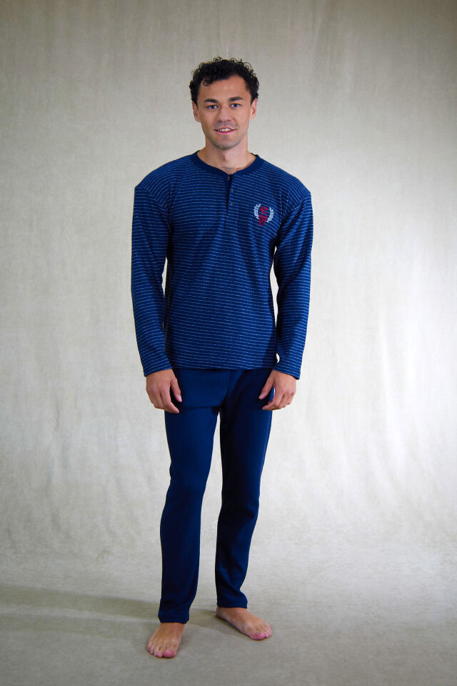 Estiva Erkek Çizgili Patlı İnterlok Şardonlu Pijama Takımı Lacivert - XL