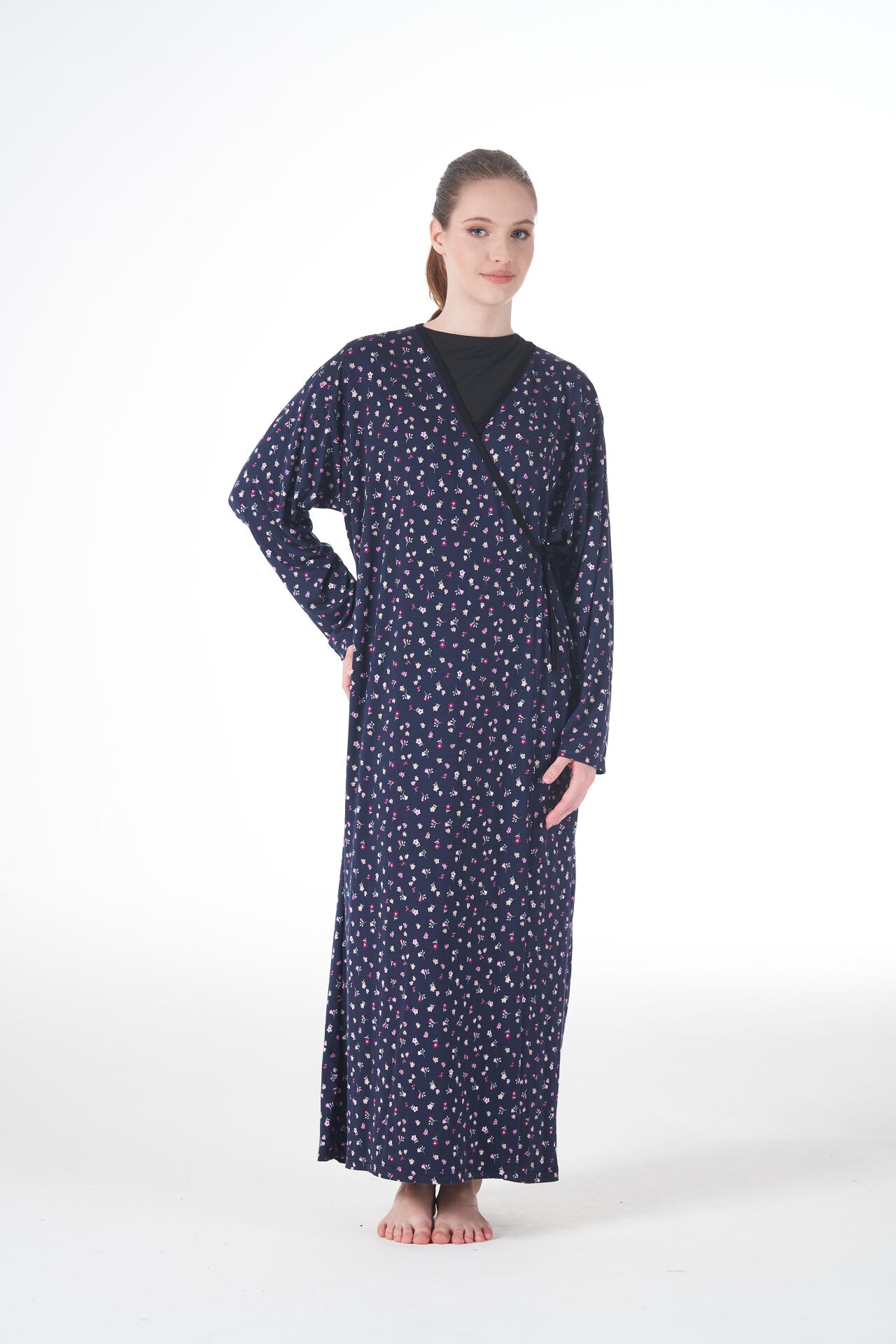 Kadın Desenli Uzun Kollu Bağcıklı Lycra Viskon Namaz Elbisesi Lacivert - XL