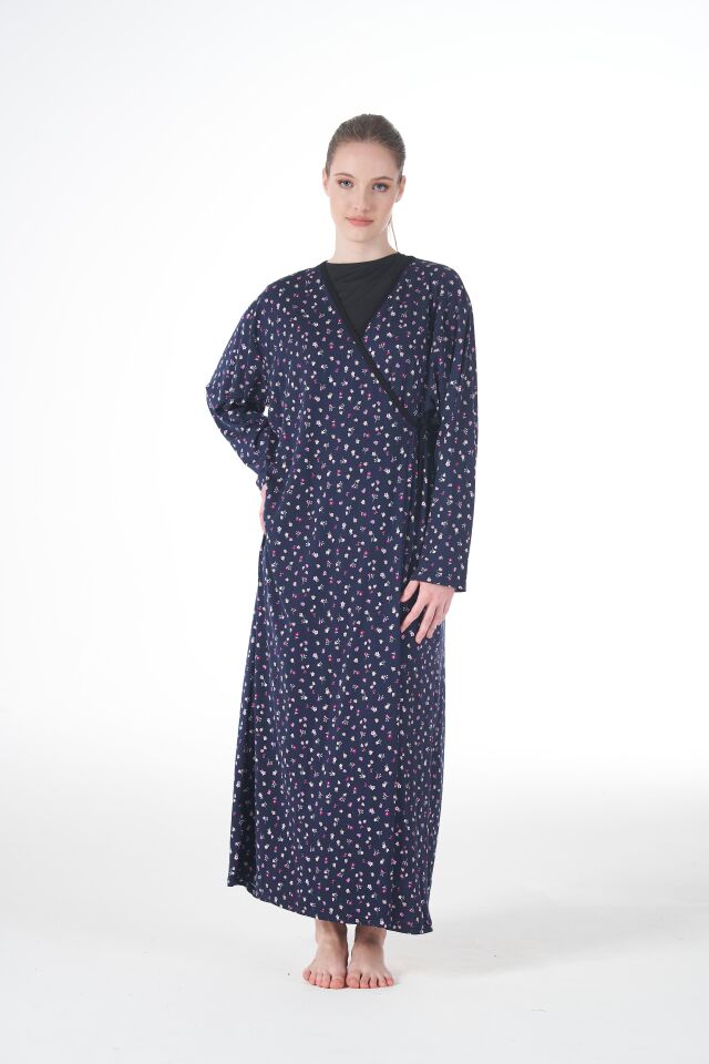 Kadın Desenli Uzun Kollu Bağcıklı Lycra Viskon Namaz Elbisesi Lacivert - XL