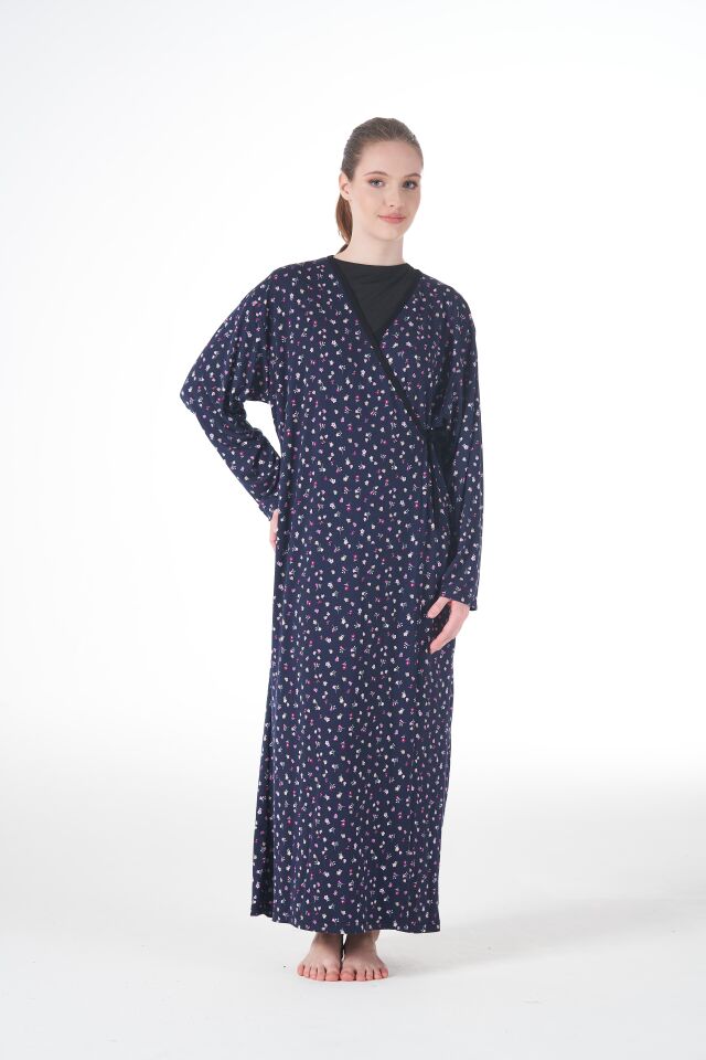 Kadın Desenli Uzun Kollu Bağcıklı Lycra Viskon Namaz Elbisesi Lacivert - 2XL