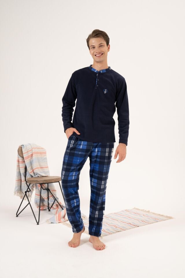 Erkek Kışlık Düğmeli Yaka Kareli Alt Polar Pijama Takımı 2XL - Lacivert