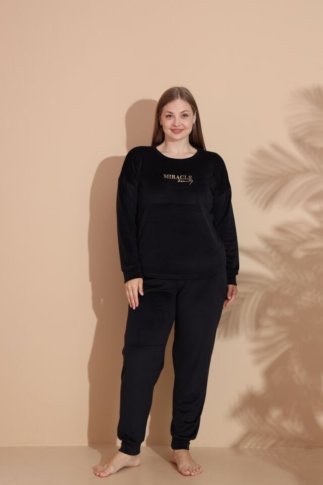 Kadın Kışlık Kadife Battal Pijama Takımı Siyah - 3XL