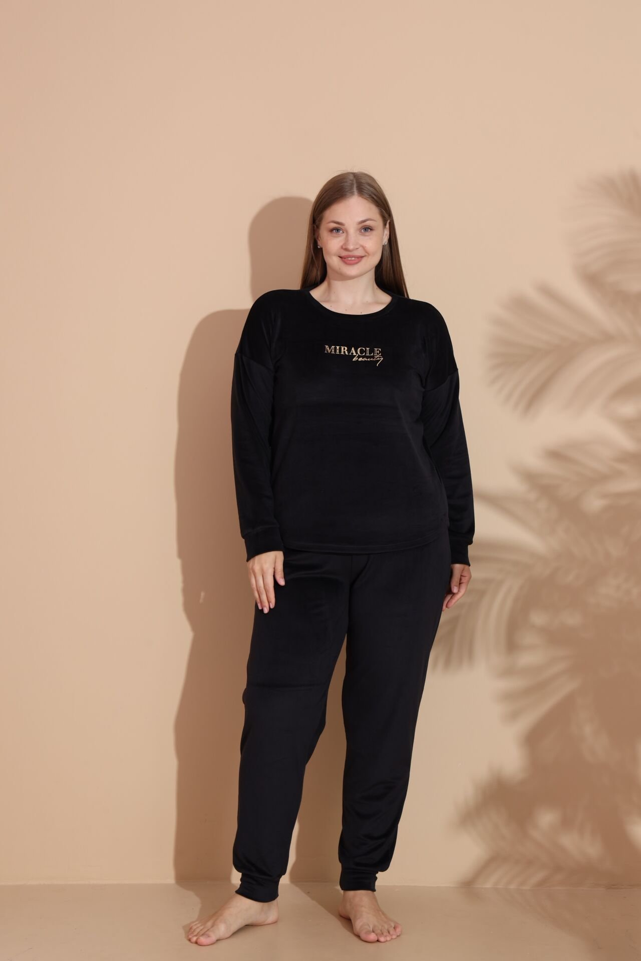 Kadın Kışlık Kadife Battal Pijama Takımı Siyah - 4XL