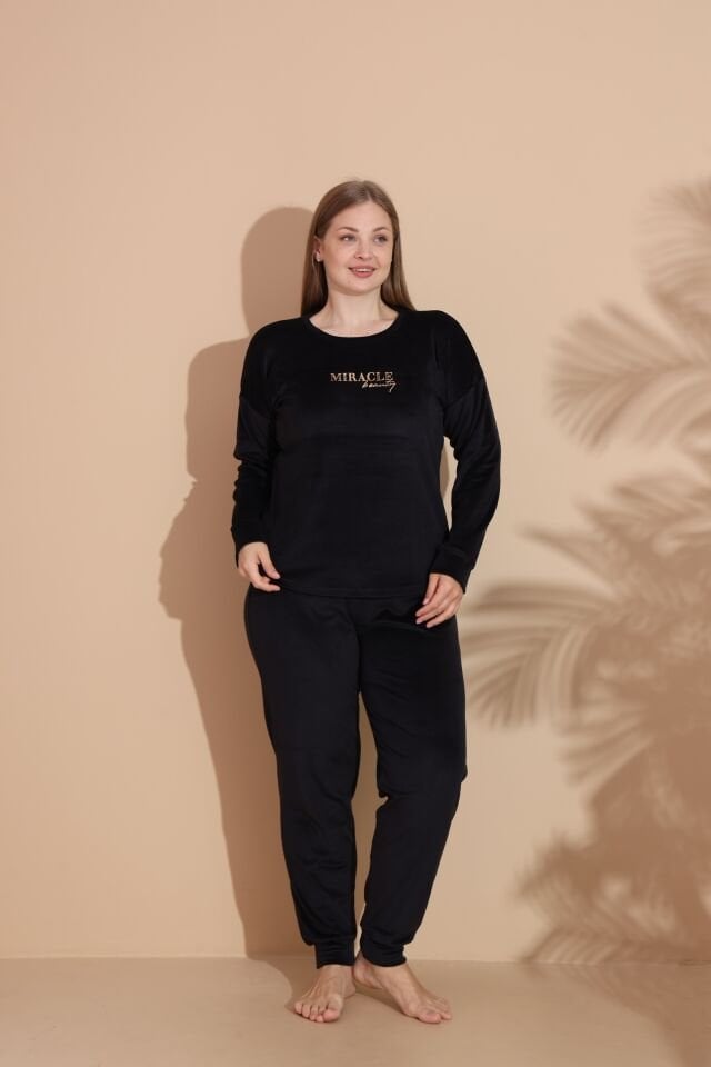 Kadın Kışlık Kadife Battal Pijama Takımı Siyah - 4XL
