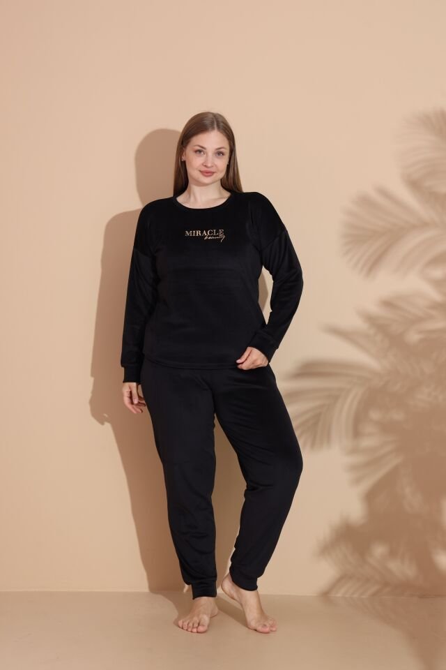 Kadın Kışlık Kadife Battal Pijama Takımı Siyah - 5XL