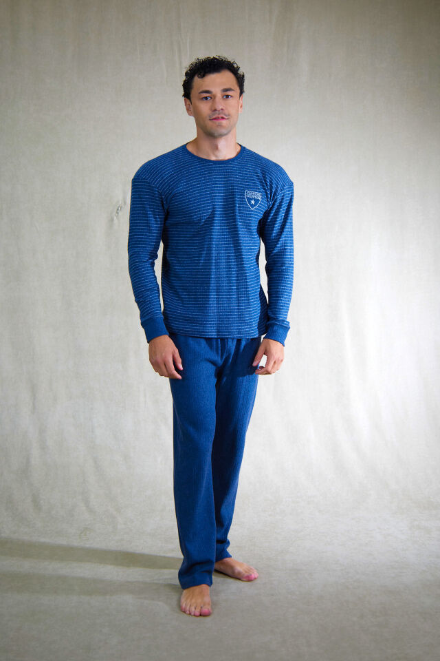 Estiva Erkek Çizgili İnterlok Şardonlu Pijama Takımı M - İNDİGO