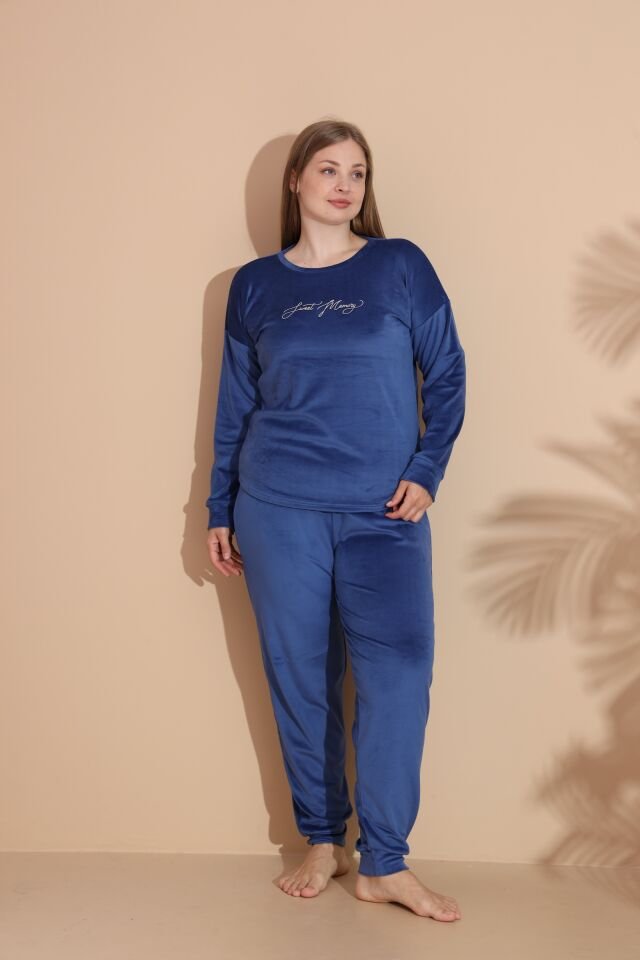 Kadın Kışlık Kadife Battal Pijama Takımı 3XL - İNDİGO