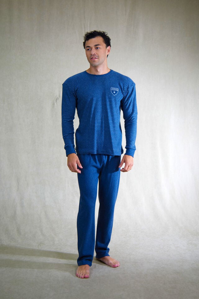 Estiva Erkek Çizgili İnterlok Şardonlu Pijama Takımı L - İNDİGO