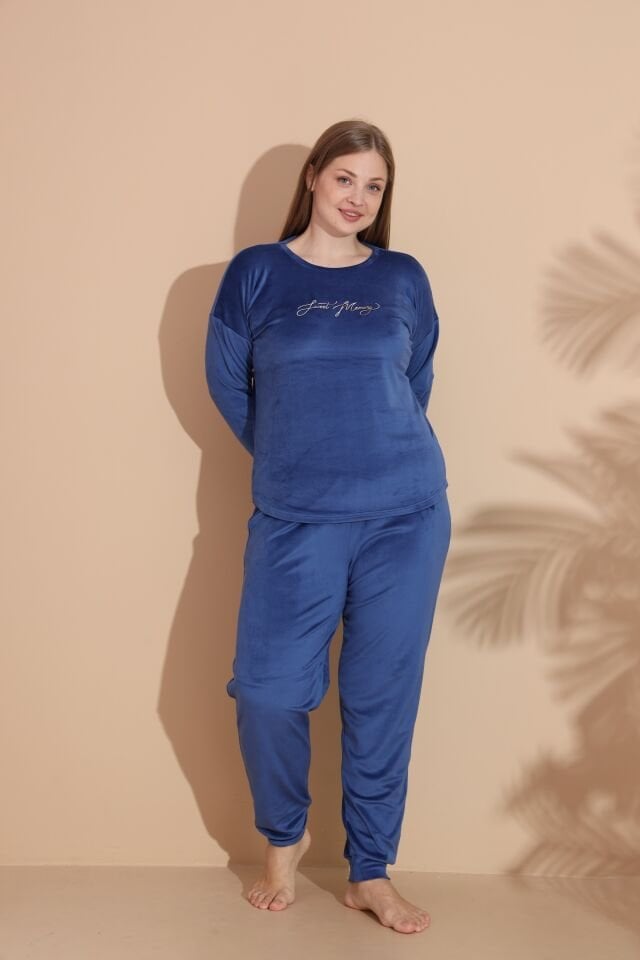 Kadın Kışlık Kadife Battal Pijama Takımı 4XL - İNDİGO