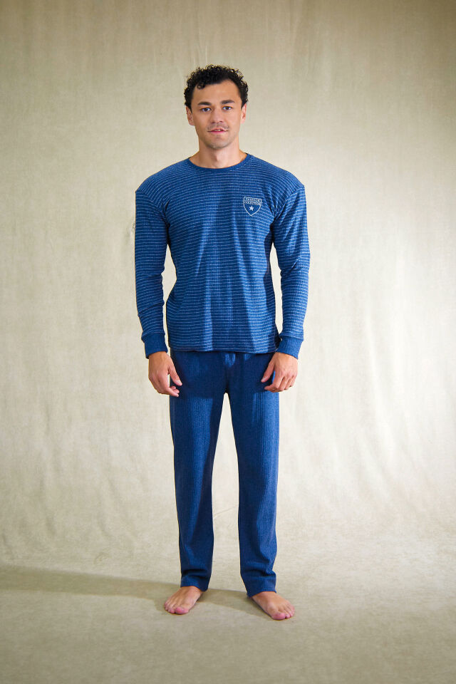 Estiva Erkek Çizgili İnterlok Şardonlu Pijama Takımı XL - İNDİGO