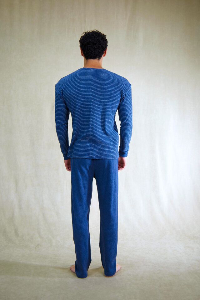 Estiva Erkek Çizgili İnterlok Şardonlu Pijama Takımı XL - İNDİGO