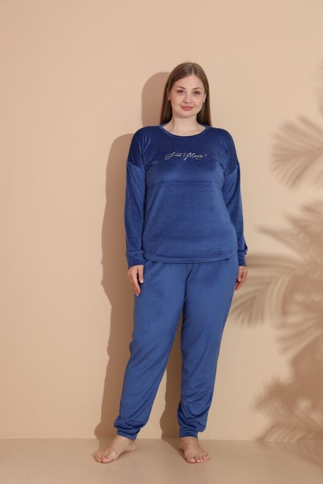 Kadın Kışlık Kadife Battal Pijama Takımı 5XL - İNDİGO