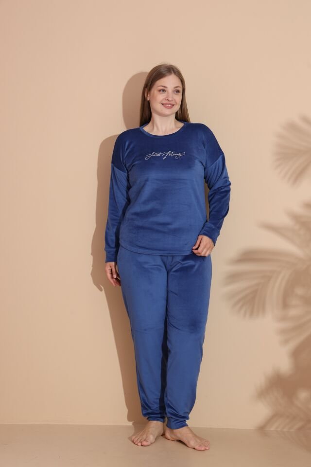Kadın Kışlık Kadife Battal Pijama Takımı 5XL - İNDİGO