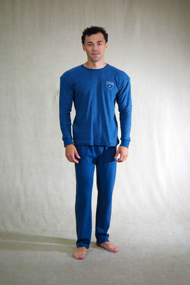 Estiva Erkek Çizgili İnterlok Şardonlu Pijama Takımı 2XL - İNDİGO
