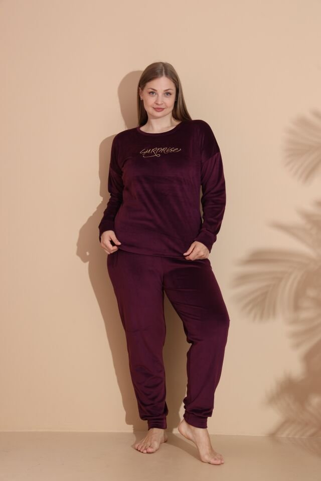 Kadın Kışlık Kadife Battal Pijama Takımı 3XL - Bordo