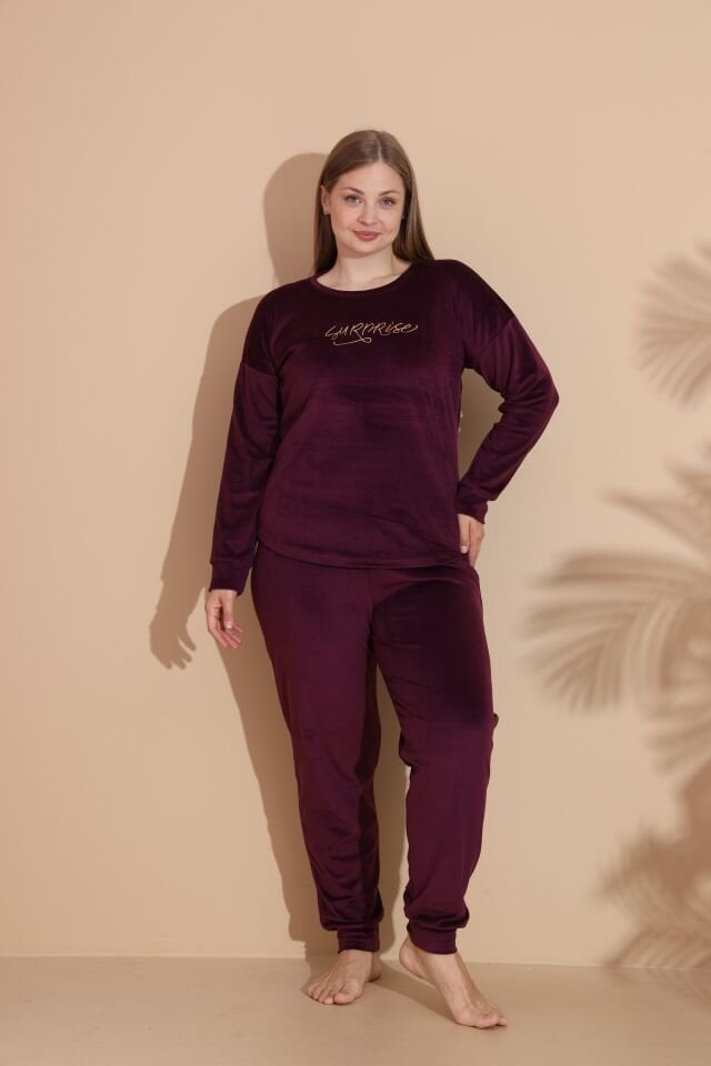 Kadın Kışlık Kadife Battal Pijama Takımı 4XL - Bordo