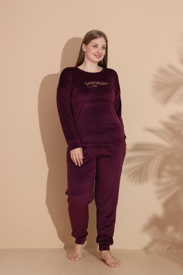 Kadın Kışlık Kadife Battal Pijama Takımı 4XL - Bordo