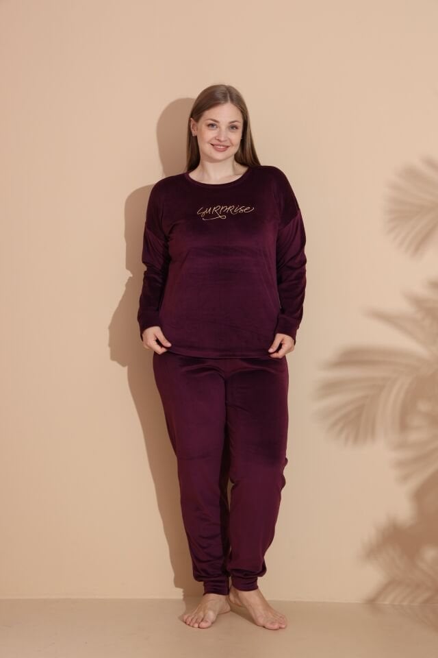 Kadın Kışlık Kadife Battal Pijama Takımı 4XL - Bordo