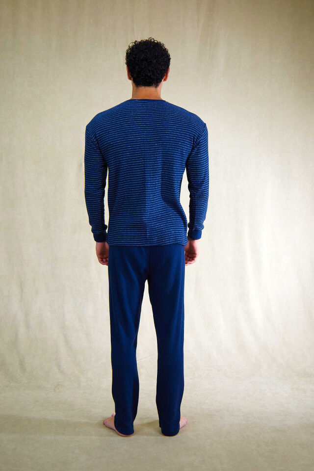 Estiva Erkek Çizgili İnterlok Şardonlu Pijama Takımı Lacivert - L