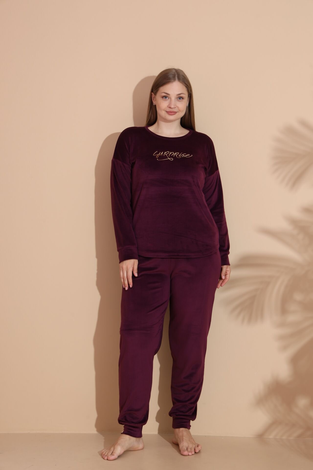 Kadın Kışlık Kadife Battal Pijama Takımı 5XL - Bordo