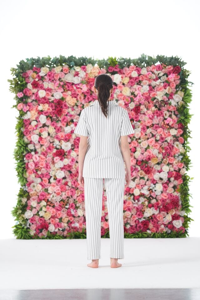 Kadın Yazlık Çizgili Önden Düğmeli Kısa Kollu Penye Lycra Pijama Takımı