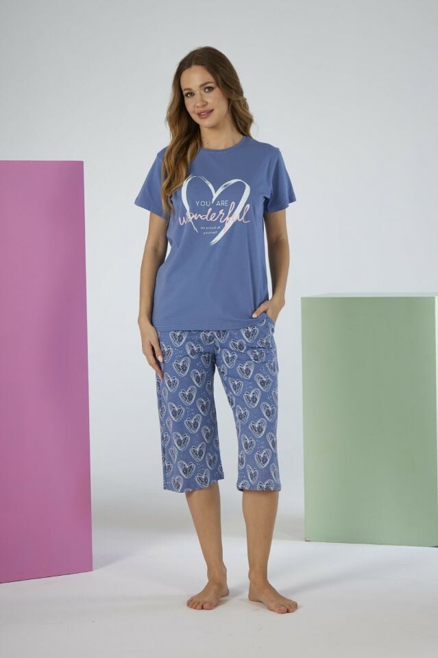 Kadın Yazlık Kalp Desenli Kısa Kollu Kaprili Penye Lycra Pijama Takımı - Mavi