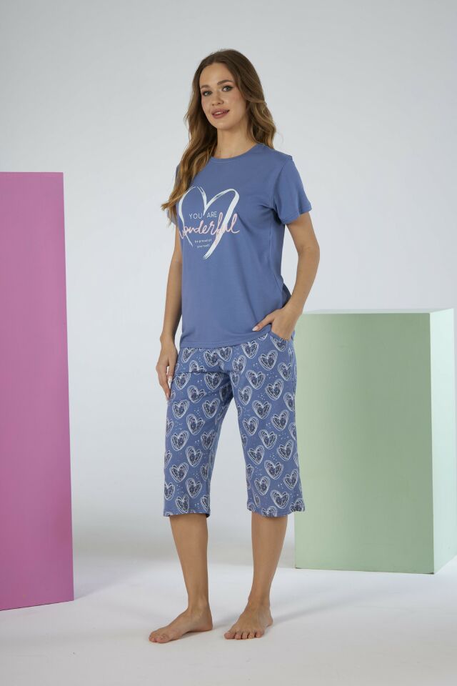 Kadın Yazlık Kalp Desenli Kısa Kollu Kaprili Penye Lycra Pijama Takımı - Mavi