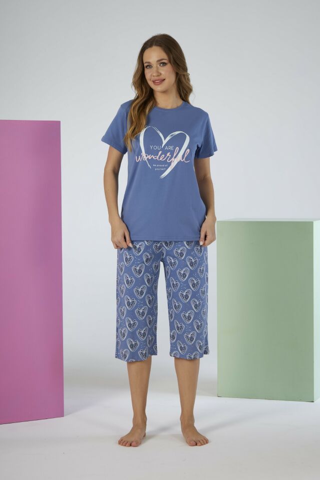 Kadın Yazlık Kalp Desenli Kısa Kollu Kaprili Penye Lycra Pijama Takımı - Mavi