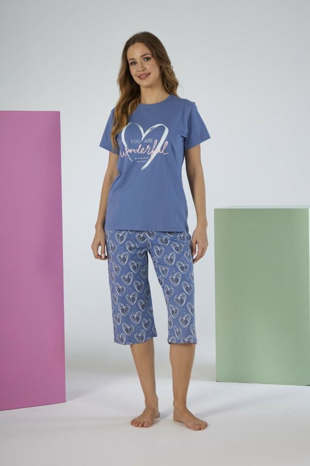 Kadın Yazlık Kalp Desenli Kısa Kollu Kaprili Penye Lycra Pijama Takımı - Mavi